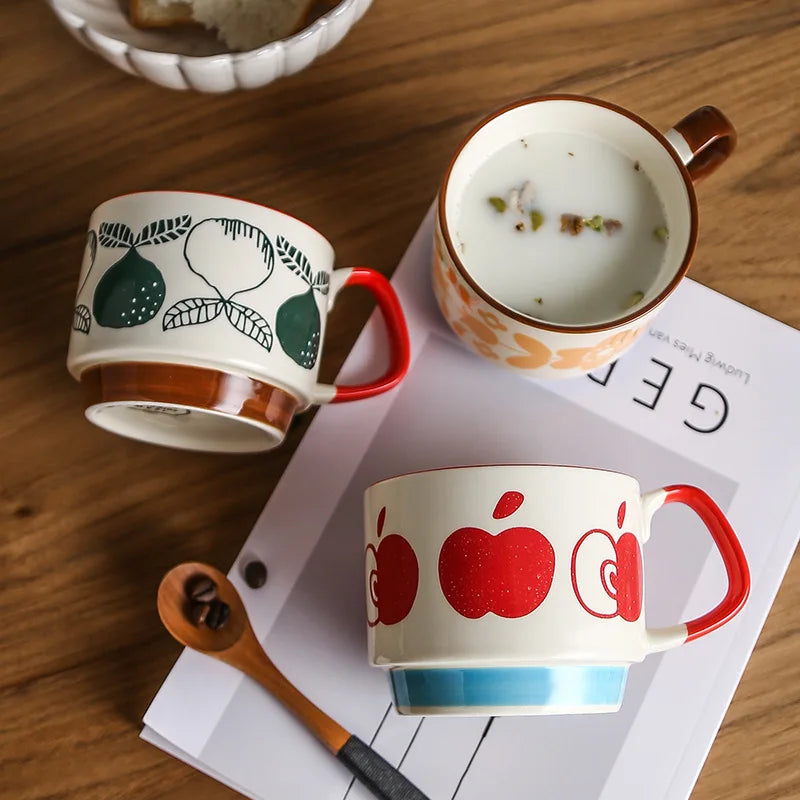 4pcs Set Ceramic Ear Hanging Coffee Mug Underglaze Colored Breakfast Milk Oatmeal Cup Japanese Retro Style Lovers Mug Stackable