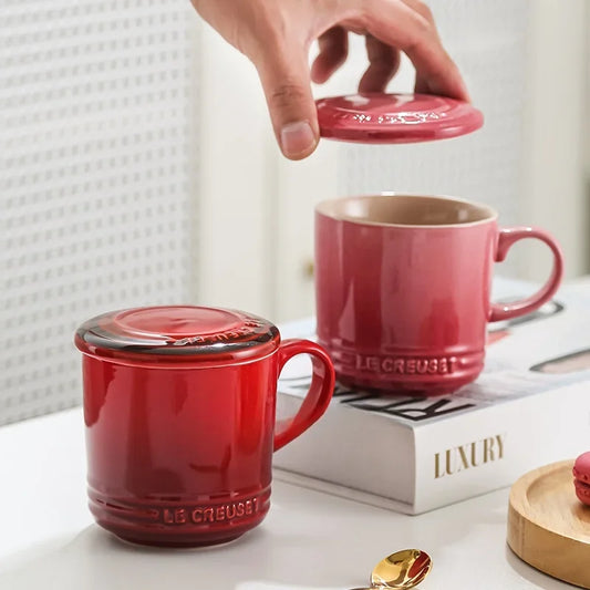 Cool Color LE CREUSET Ceramic Mug with Lid 300ml Milk Coffee Cup for Home Breakfast French Style Pure Color Office Use