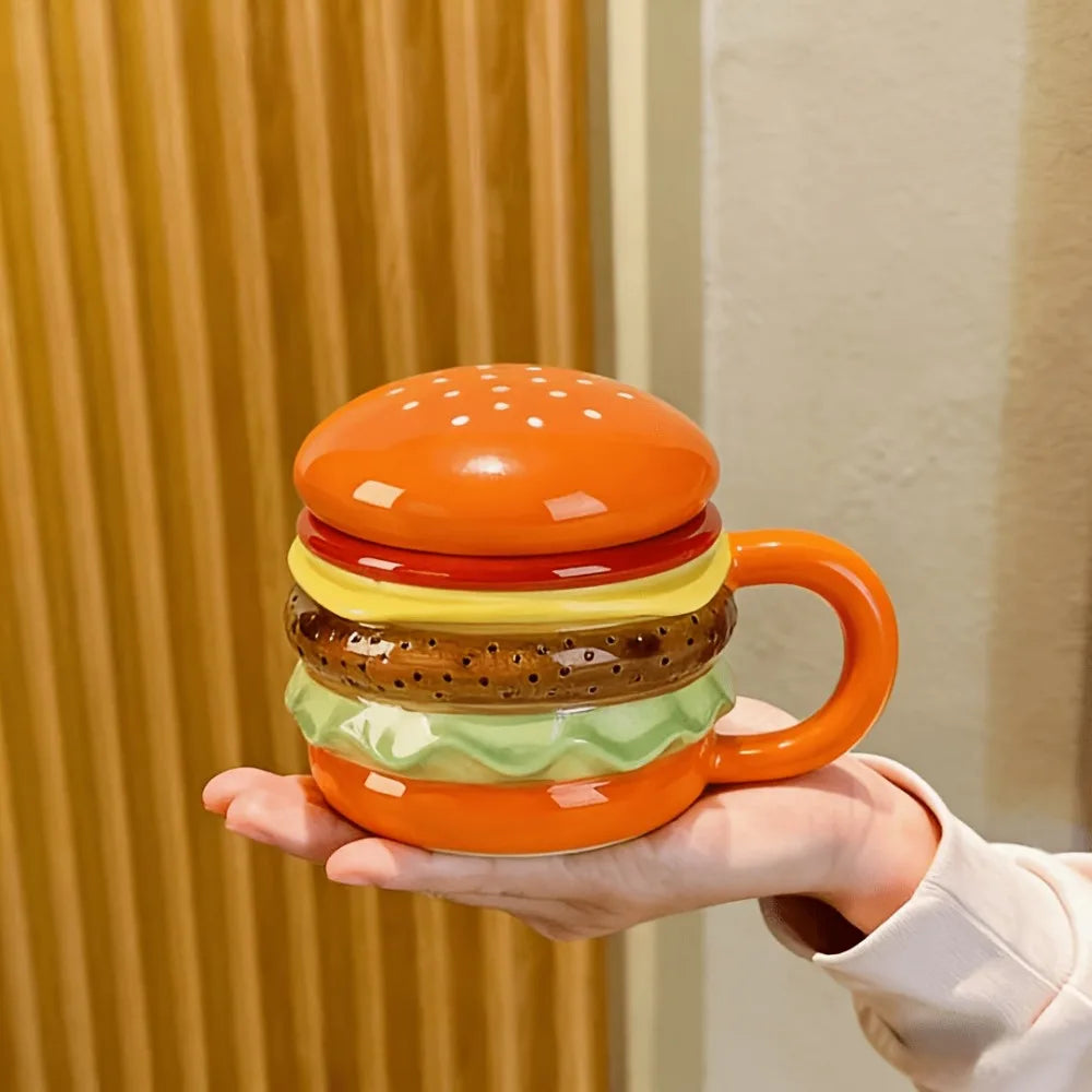 Bright Fun Colors Burger-Shaped Ceramic Mug with Lid Comfortable Grip Hamburger Mug 420ml Cartoon Breakfast Cup Birthday Gift