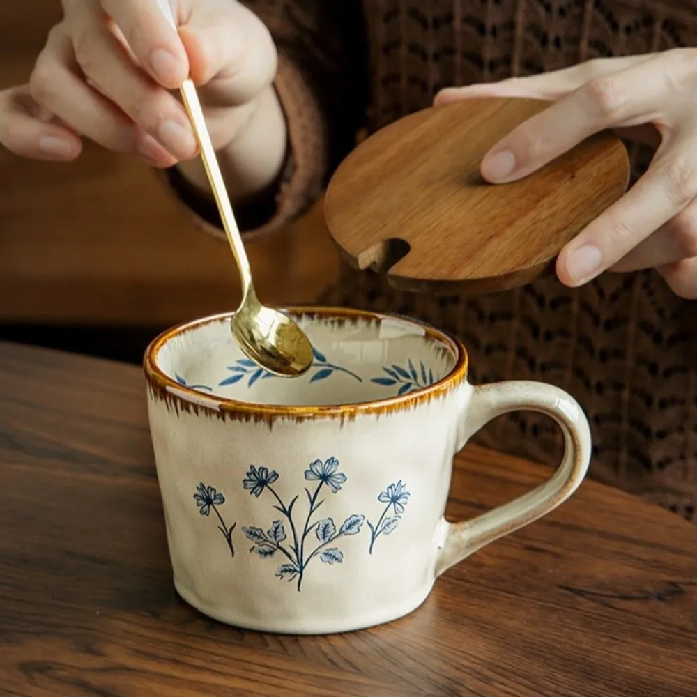 Microwave Safe Ceramic Coffee Cup 385ml Non-slip Exquisite Water Cup Heat-resistant Comfortable Grip Antique Style Mug