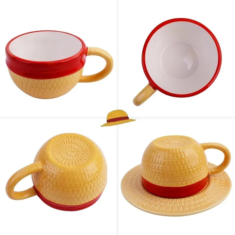 Cartoon Coffee Cup and Saucer Creative Hat Shaped Water Cups Cosplay Anime Chopper Ace Sabo Ceramic Mug Dessert Plate Gifts