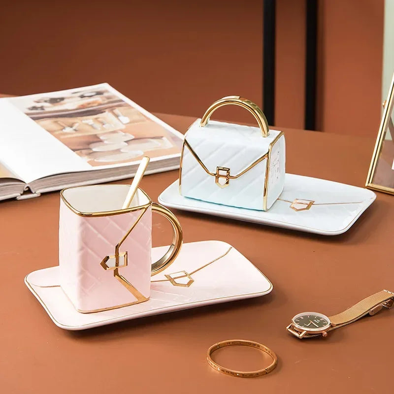 Bag Shaped Coffee Mug Luruxy Aesthetic Cup Ceramic Handbag Shape Tea Mug Saucer Set Dessert Afternoon Water Cup Drinkware Gift