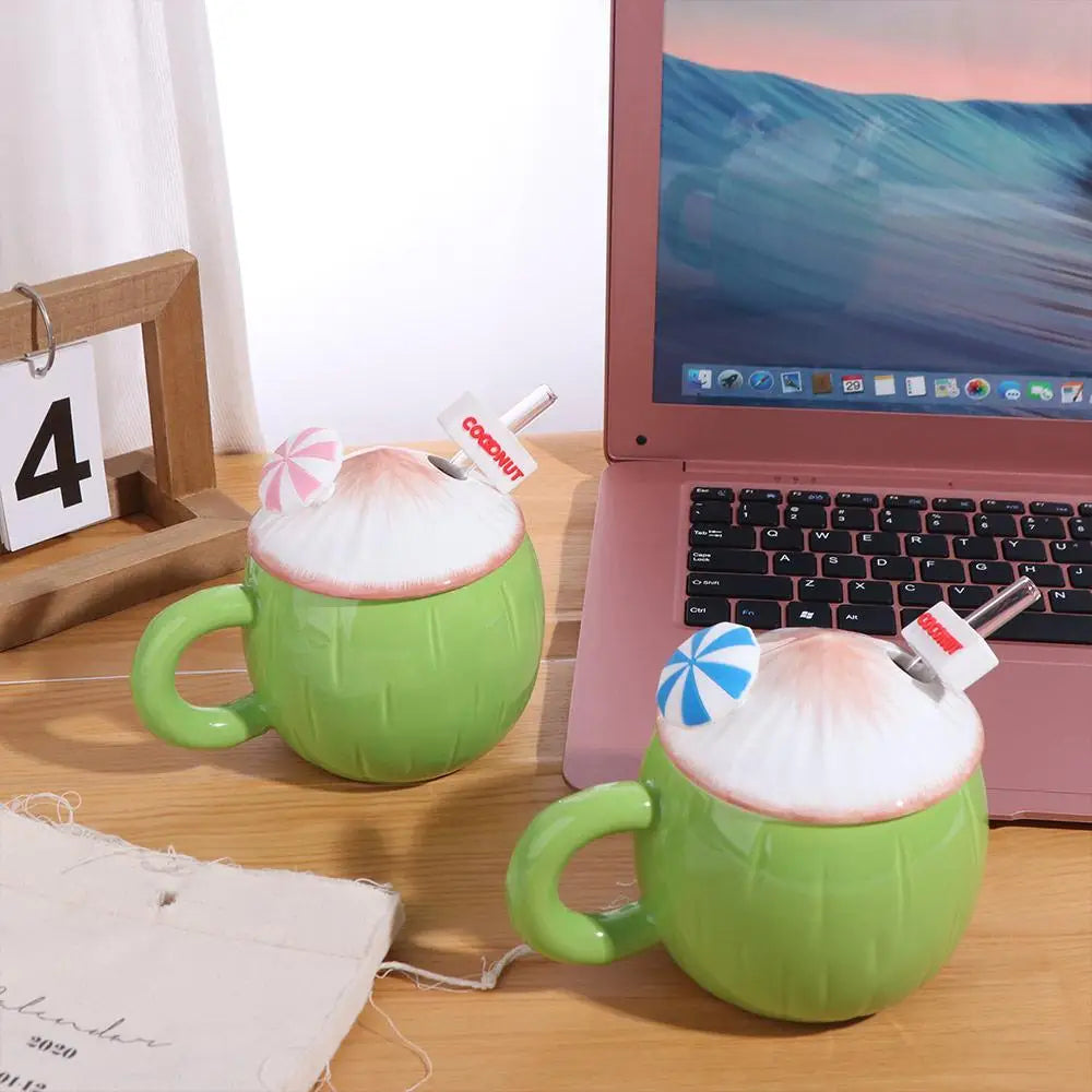 Large Capacity Ceramic Coconut Mug Convenient Handle Comfortable Grip Creative Coffee Cups with Lid Easy To Clean Heat-resistant