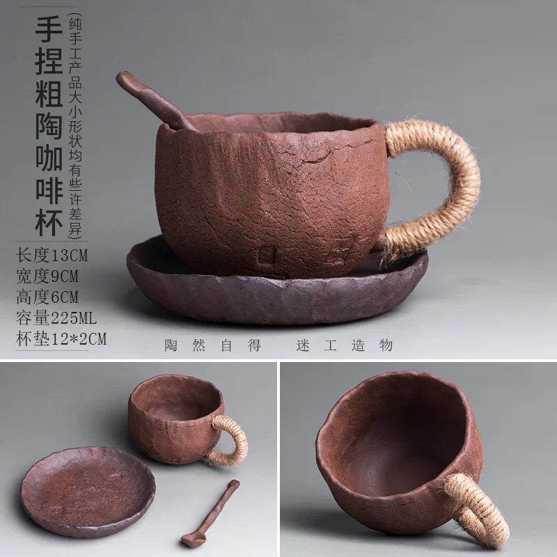 Handmade thick ceramic mug with lid spoon creative tie rope ceramic large capacity Japanese coffee cup cups