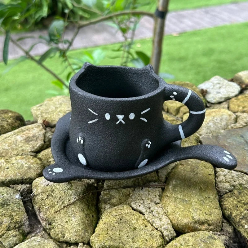 230ml Ceramic Cat Mug Cup Saucer Cute Cartoon Coffee Cup Milk Tea Water Cup Irregular Drinkware Cafe Home Tableware Gift