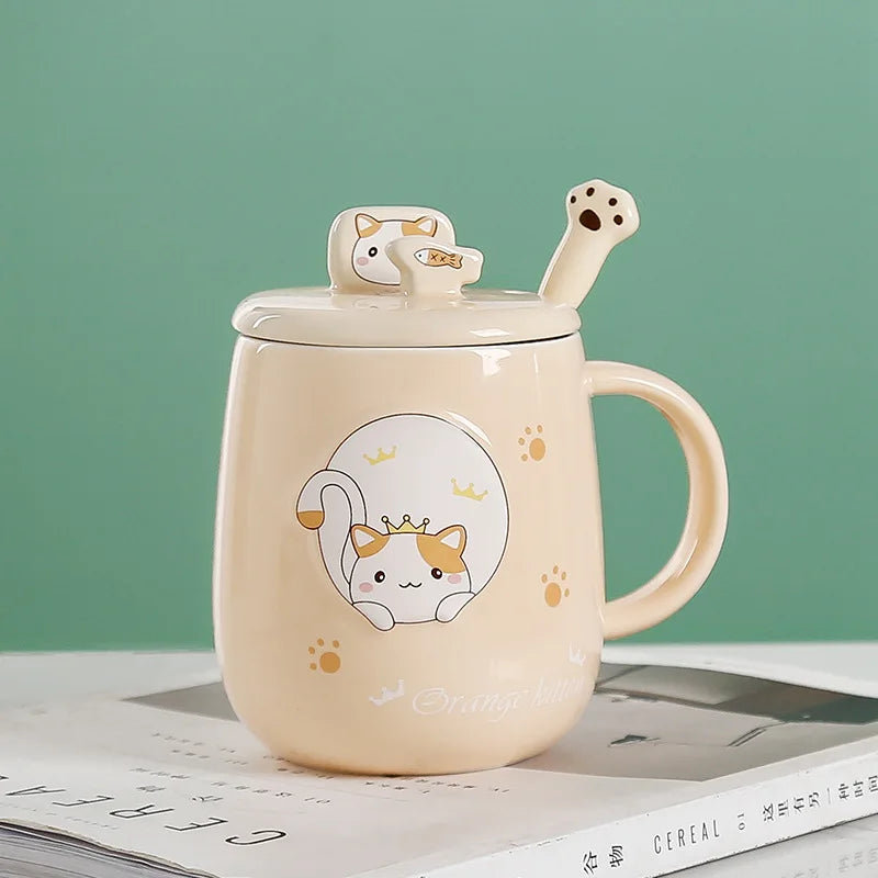 Cat-Themed Ceramic Mug with Lid and Spoon Cartoon Style Perfect for Office or Home Use Coffee Cup Mugs Mug Glass Mug Cup Mugs