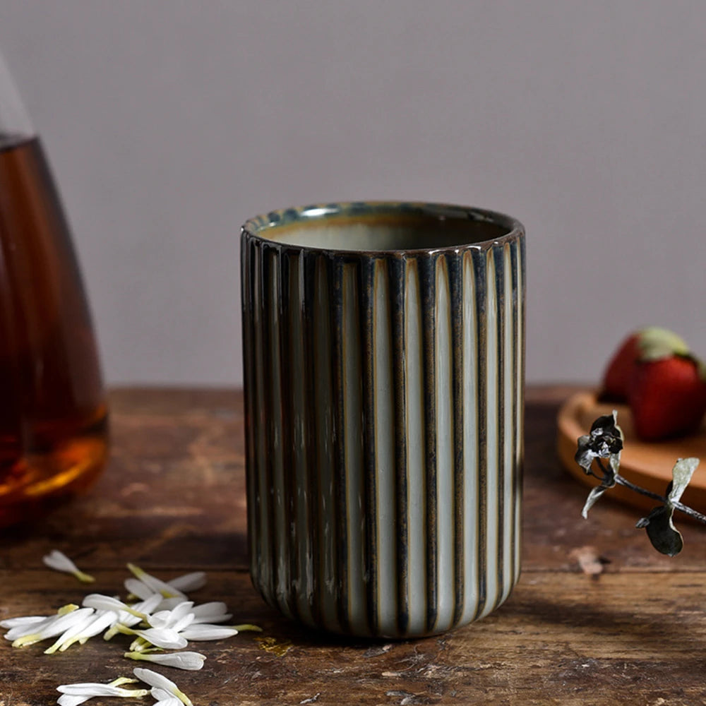 Vertical Striped Ceramic Coffee Mug, Exquisite Teacup, 300ml, Sake, Sushi, Family Restaurant Dinnerware, Wholesale Cups
