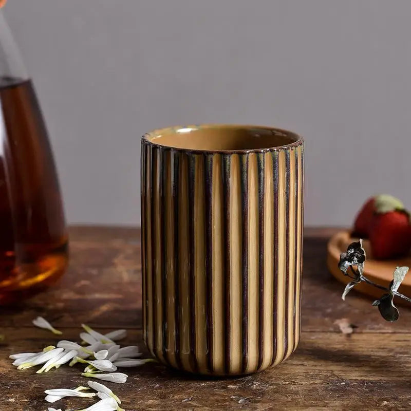 Vertical Striped Ceramic Coffee Mug, Exquisite Teacup, 300ml, Sake, Sushi, Family Restaurant Dinnerware, Wholesale Cups
