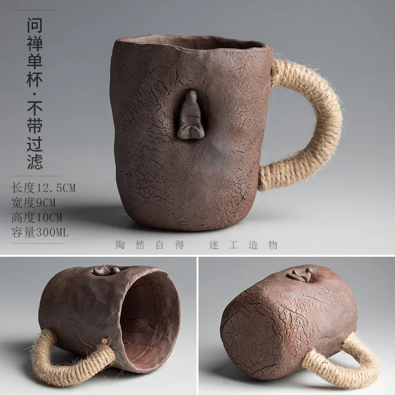 Handmade thick ceramic mug with lid spoon creative tie rope ceramic large capacity Japanese coffee cup cups
