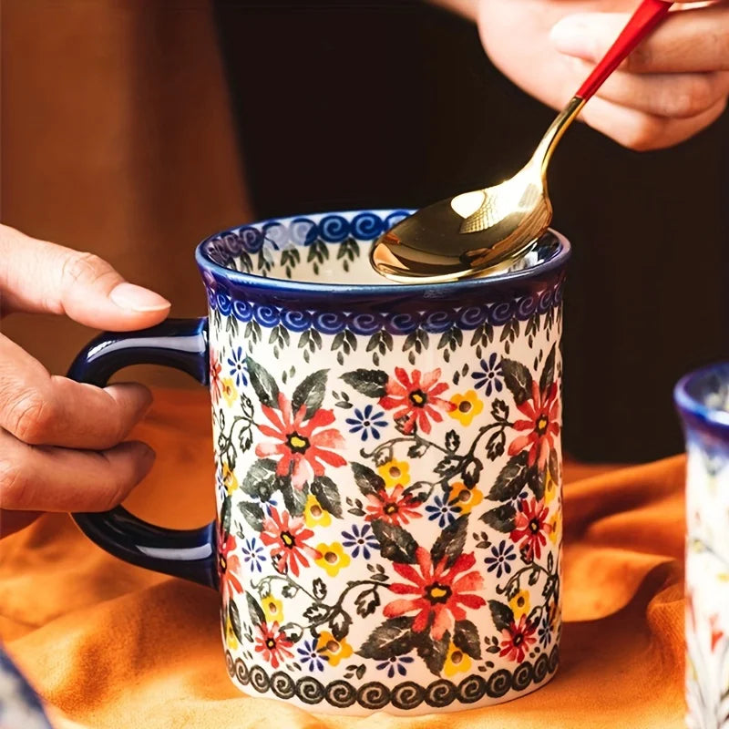 Bohemian Style Ceramic Mug, Hand-Painted Floral Pattern, Microwave Oven Compatible, Suitable for Coffee and Tea Consumption.
