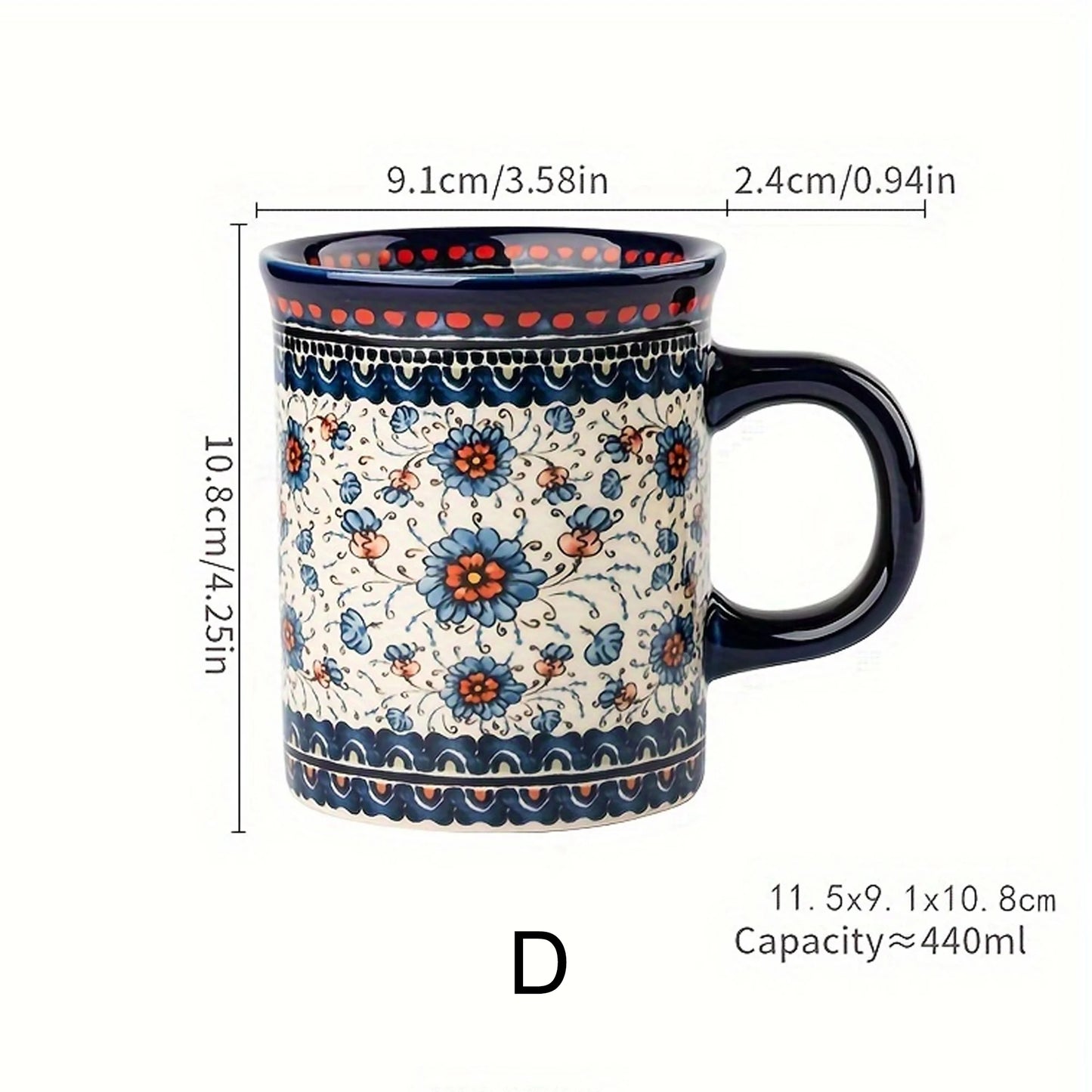 Bohemian Style Ceramic Mug, Hand-Painted Floral Pattern, Microwave Oven Compatible, Suitable for Coffee and Tea Consumption.