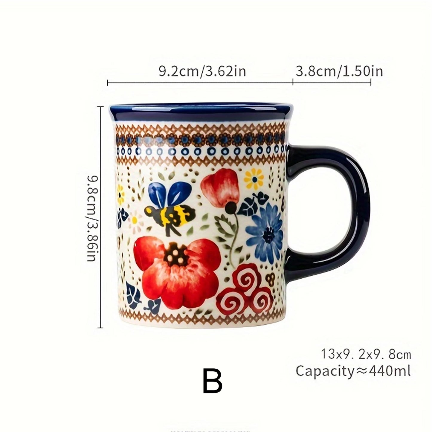Bohemian Style Ceramic Mug, Hand-Painted Floral Pattern, Microwave Oven Compatible, Suitable for Coffee and Tea Consumption.