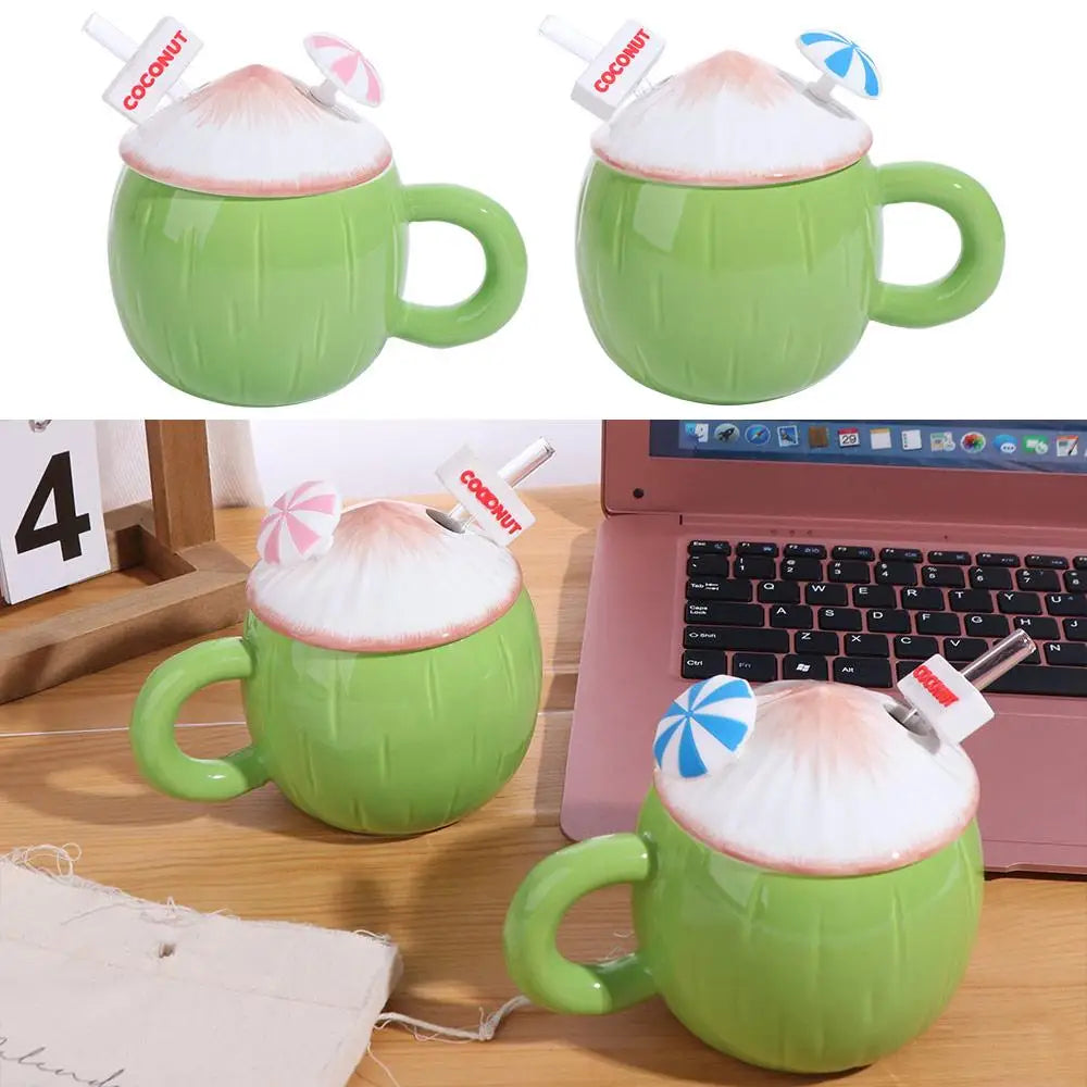 Large Capacity Ceramic Coconut Mug Convenient Handle Comfortable Grip Creative Coffee Cups with Lid Easy To Clean Heat-resistant