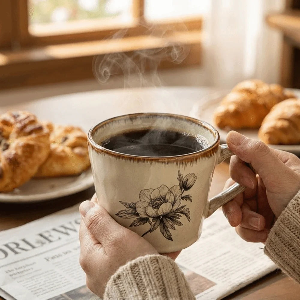 Microwave Safe Ceramic Coffee Cup 385ml Non-slip Antique Style Mug Heat-resistant Comfortable Grip Breakfast Cup Kitchen