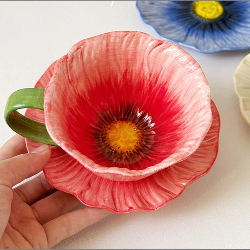 Creative Ceramic Coffee Mug Saucer Three-dimensional Flower Decoration Cup Delicate Latte Coffee Cup Home Breakfast Oatmeal Mug