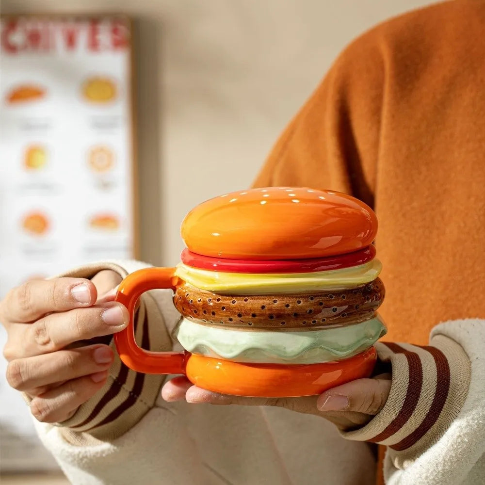Bright Fun Colors Burger-Shaped Ceramic Mug with Lid Comfortable Grip Hamburger Mug 420ml Cartoon Breakfast Cup Birthday Gift