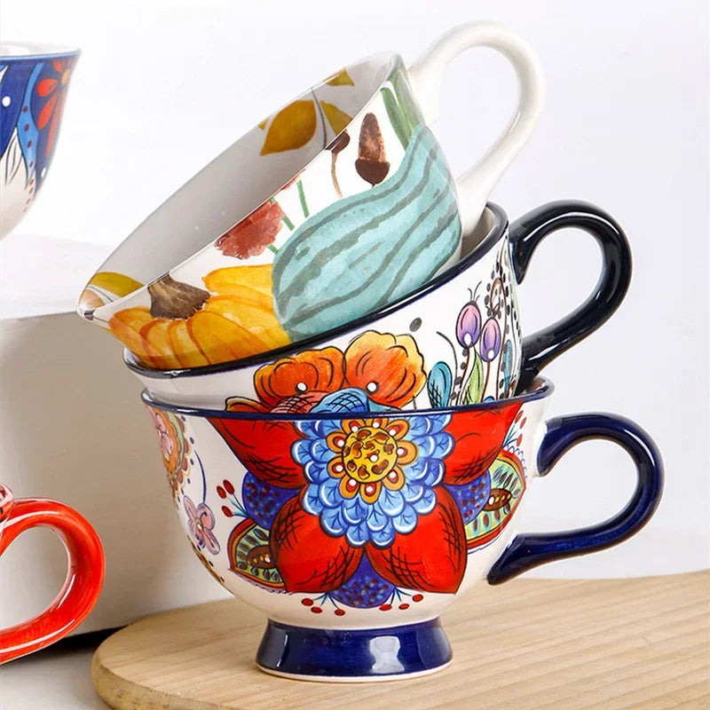 Ceramic Breakfast Mug European Pastoral Style Bone China Coffee Mug Creative High Foot Flower Teacup Home Drinkware Water Cup