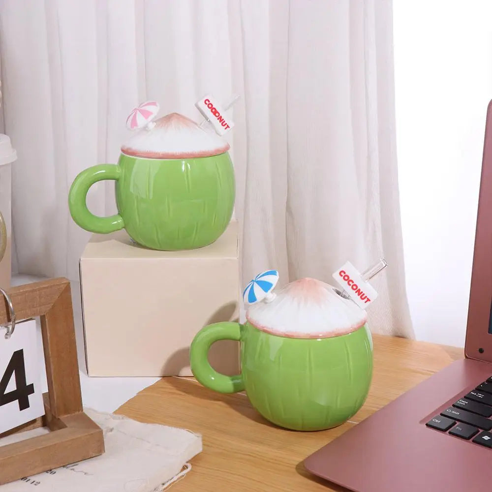 Large Capacity Ceramic Coconut Mug Convenient Handle Comfortable Grip Creative Coffee Cups with Lid Easy To Clean Heat-resistant