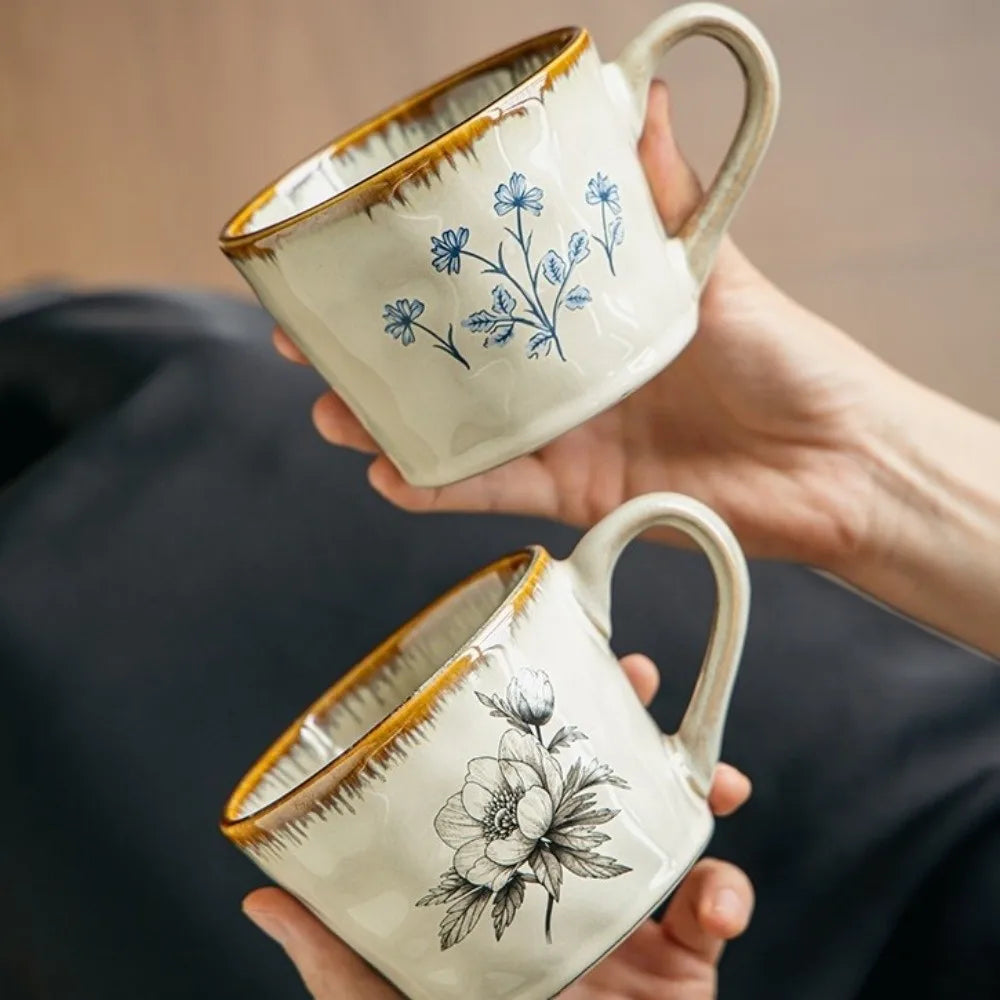 Microwave Safe Ceramic Coffee Cup Non-slip 385ml Exquisite Water Cup Heat-resistant Comfortable Grip Antique Style Mug Kitchen