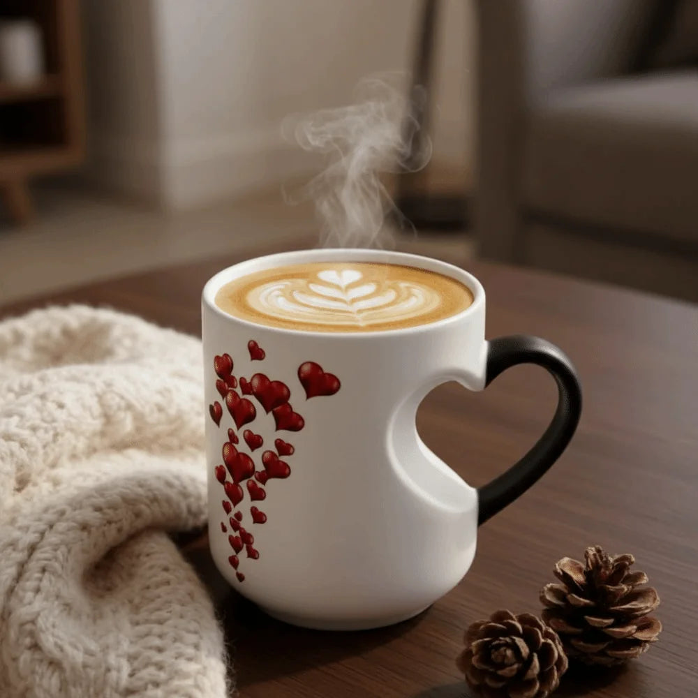Ceramic Material Heart-Shaped Mug Heart Handle Design Fun Reveal Pattern Magic Ceramic Cup Surprise Design Heat Sensitive