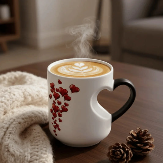 Ceramic Material Heart-Shaped Mug Heart Handle Design Fun Reveal Pattern Magic Ceramic Cup Surprise Design Heat Sensitive