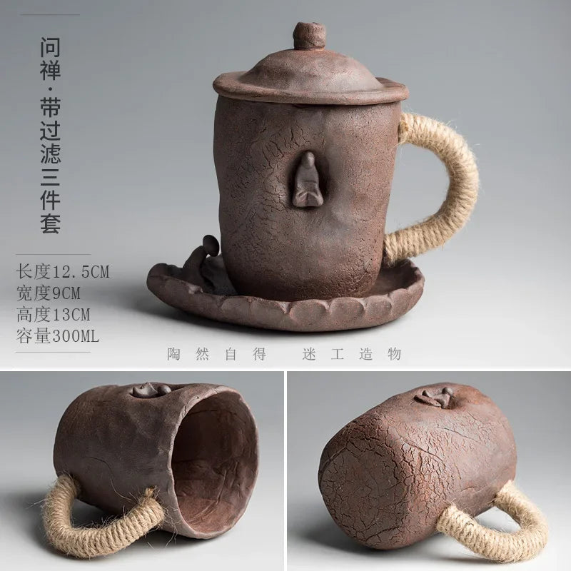 Handmade thick ceramic mug with lid spoon creative tie rope ceramic large capacity Japanese coffee cup cups