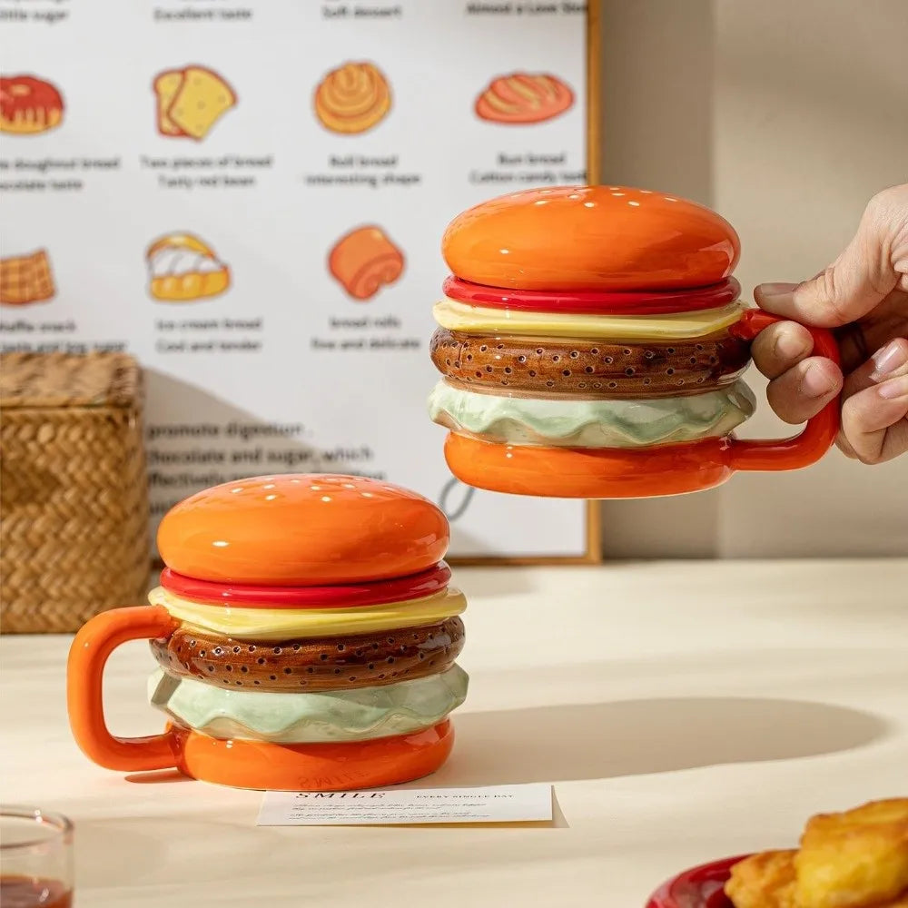 Bright Fun Colors Burger-Shaped Ceramic Mug with Lid Comfortable Grip Hamburger Mug 420ml Cartoon Breakfast Cup Birthday Gift