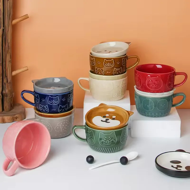 Cartoon Cat Ceramic Coffee Cups Mug Ceramics Japanese Cute Cat Milk Cup Kids Breakfast Oat Milk Mugs With Lid Creative Gift
