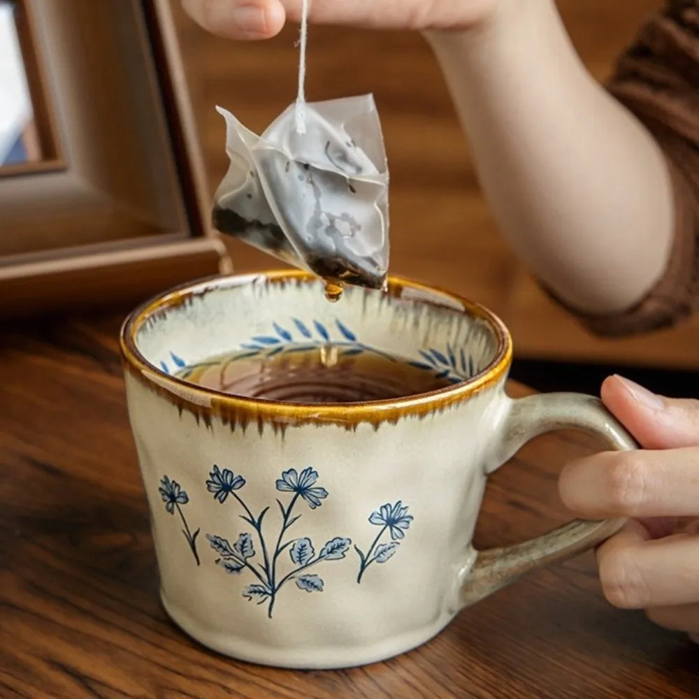 Microwave Safe Ceramic Coffee Cup 385ml Non-slip Antique Style Mug Heat-resistant Comfortable Grip Breakfast Cup Kitchen