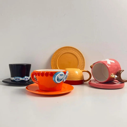 Cartoon Coffee Cup and Saucer Creative Hat Shaped Water Cups Cosplay Anime Chopper Ace Sabo Ceramic Mug Dessert Plate Gifts