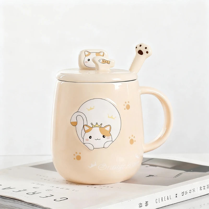 Cat-Themed Ceramic Mug with Lid and Spoon Cartoon Style Perfect for Office or Home Use Coffee Cup Mugs Mug Glass Mug Cup Mugs