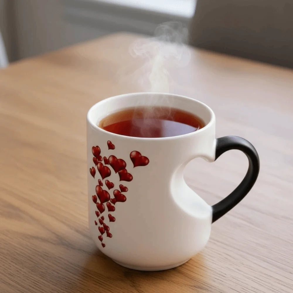 Ceramic Material Heart-Shaped Mug Heart Handle Design Fun Reveal Pattern Magic Ceramic Cup Surprise Design Heat Sensitive