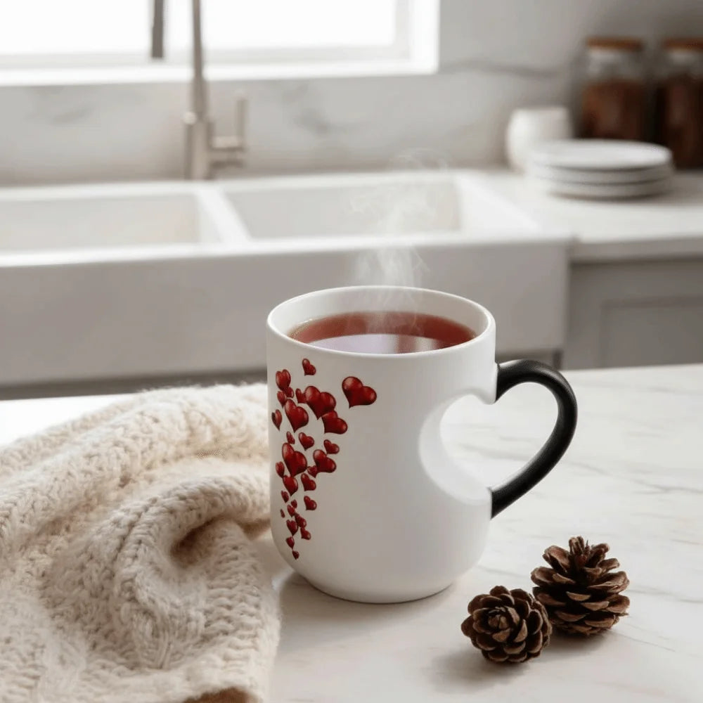 Ceramic Material Heart-Shaped Mug Heart Handle Design Fun Reveal Pattern Magic Ceramic Cup Surprise Design Heat Sensitive
