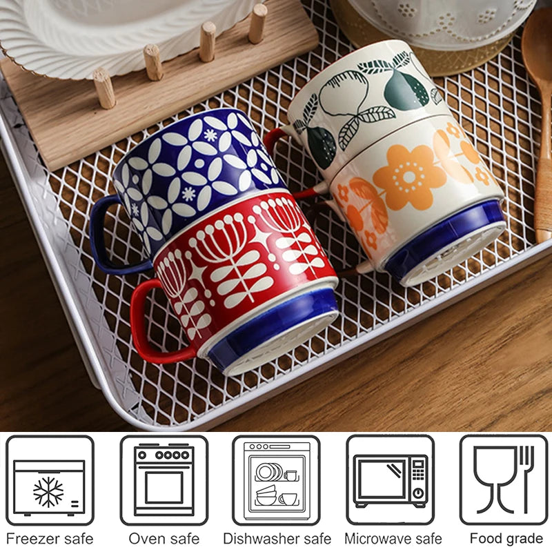 4pcs Set Ceramic Ear Hanging Coffee Mug Underglaze Colored Breakfast Milk Oatmeal Cup Japanese Retro Style Lovers Mug Stackable