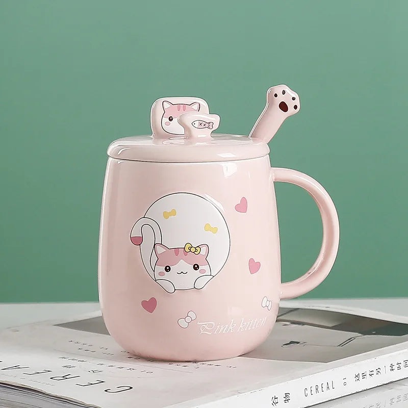 Cat-Themed Ceramic Mug with Lid and Spoon Cartoon Style Perfect for Office or Home Use Coffee Cup Mugs Mug Glass Mug Cup Mugs