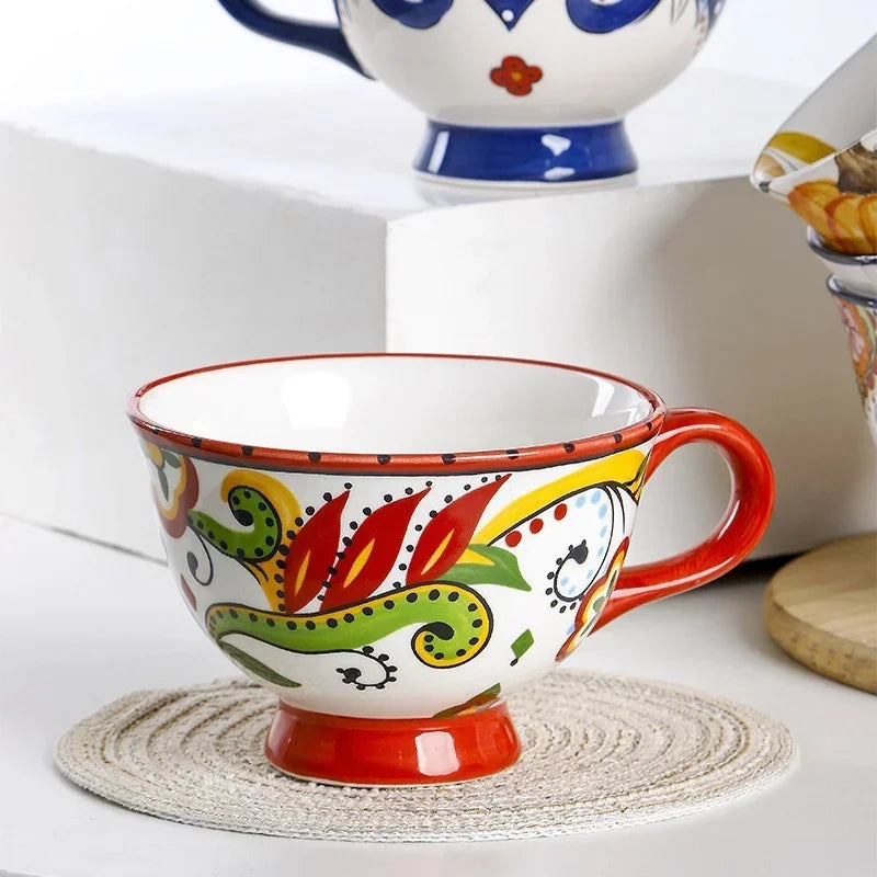 Ceramic Breakfast Mug European Pastoral Style Bone China Coffee Mug Creative High Foot Flower Teacup Home Drinkware Water Cup