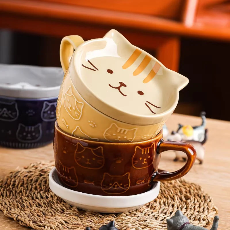 Cartoon Cat Ceramic Coffee Cups Mug Ceramics Japanese Cute Cat Milk Cup Kids Breakfast Oat Milk Mugs With Lid Creative Gift