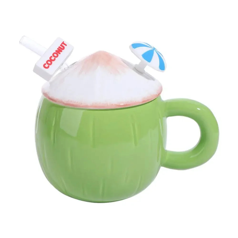 Large Capacity Ceramic Coconut Mug Convenient Handle Comfortable Grip Creative Coffee Cups with Lid Easy To Clean Heat-resistant