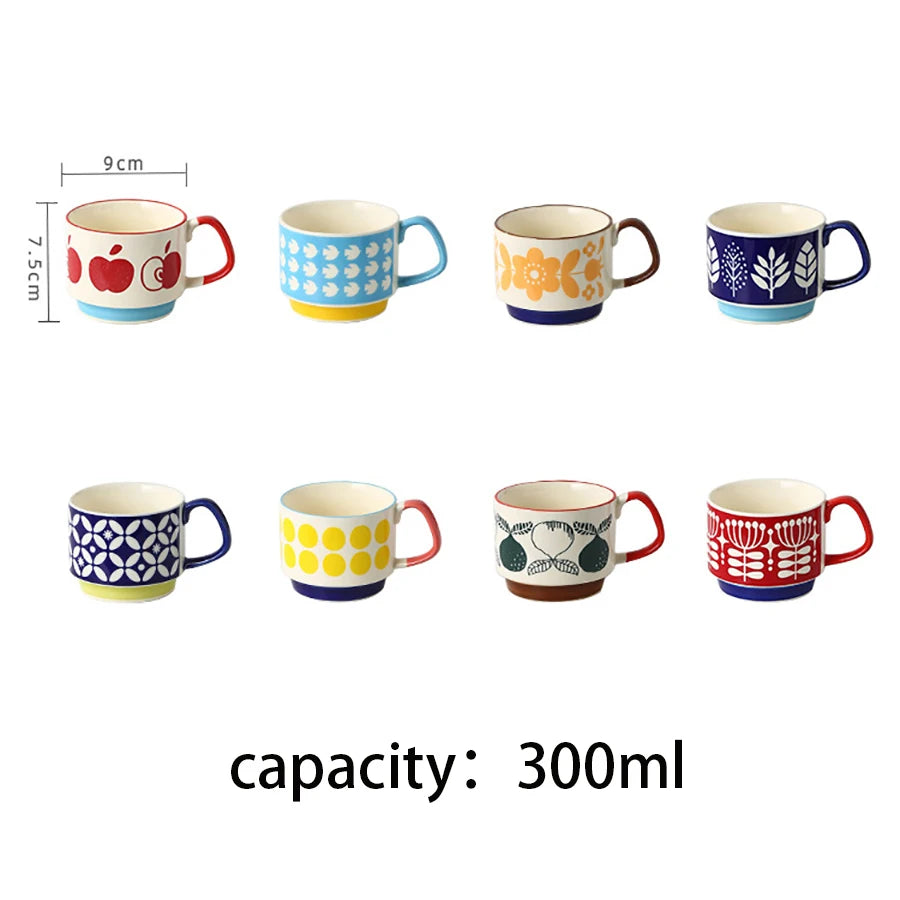 4pcs Set Ceramic Ear Hanging Coffee Mug Underglaze Colored Breakfast Milk Oatmeal Cup Japanese Retro Style Lovers Mug Stackable