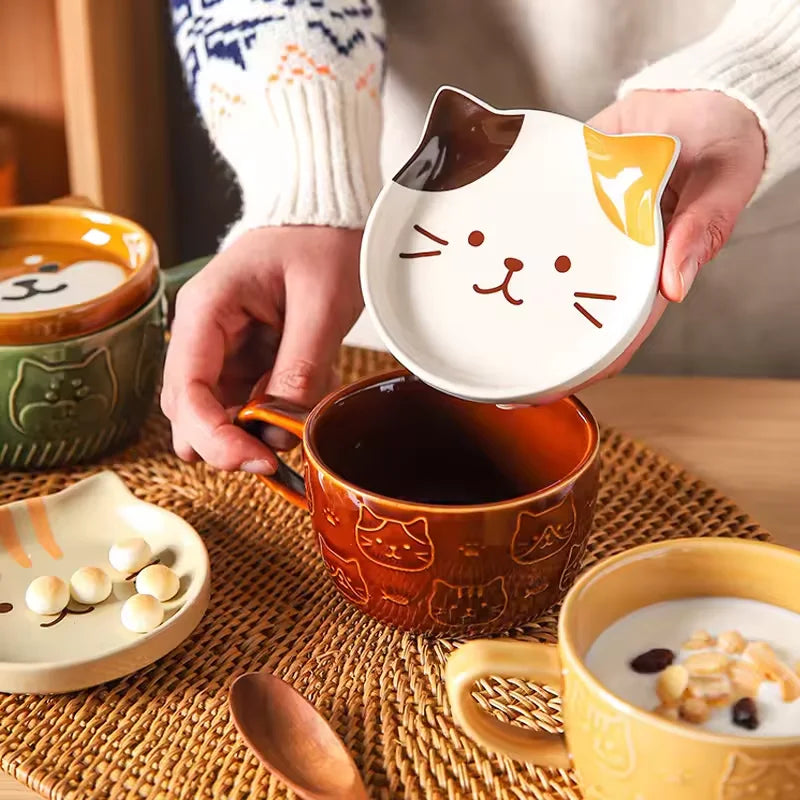 Cartoon Cat Ceramic Coffee Cups Mug Ceramics Japanese Cute Cat Milk Cup Kids Breakfast Oat Milk Mugs With Lid Creative Gift