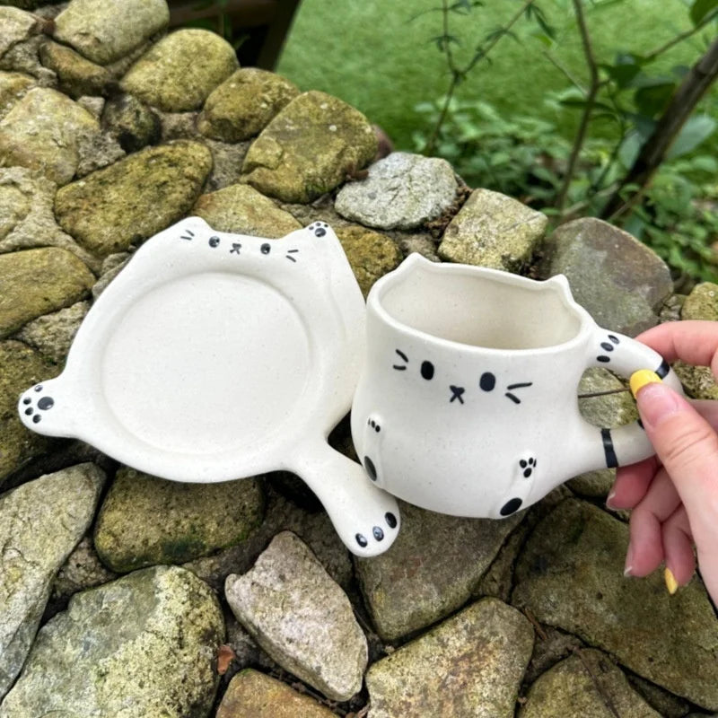 230ml Ceramic Cat Mug Cup Saucer Cute Cartoon Coffee Cup Milk Tea Water Cup Irregular Drinkware Cafe Home Tableware Gift