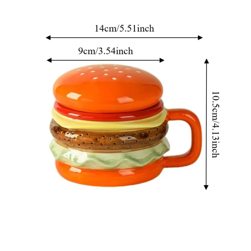Bright Fun Colors Burger-Shaped Ceramic Mug with Lid Comfortable Grip Hamburger Mug 420ml Cartoon Breakfast Cup Birthday Gift