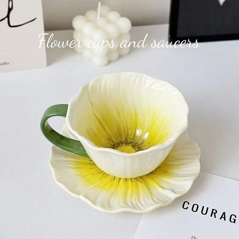 Creative Ceramic Coffee Mug Saucer Three-dimensional Flower Decoration Cup Delicate Latte Coffee Cup Home Breakfast Oatmeal Mug