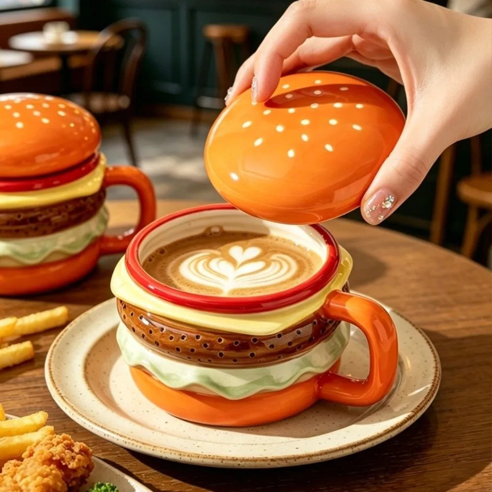 Bright Fun Colors Burger-Shaped Ceramic Mug with Lid Comfortable Grip Hamburger Mug 420ml Cartoon Breakfast Cup Birthday Gift