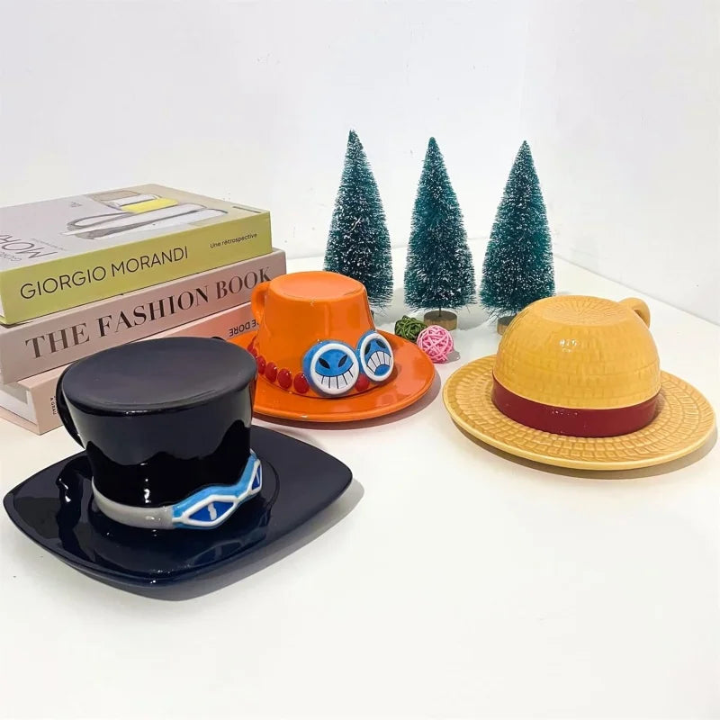 Cartoon Coffee Cup and Saucer Creative Hat Shaped Water Cups Cosplay Anime Chopper Ace Sabo Ceramic Mug Dessert Plate Gifts