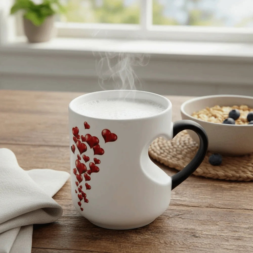 Ceramic Material Heart-Shaped Mug Heart Handle Design Fun Reveal Pattern Magic Ceramic Cup Surprise Design Heat Sensitive