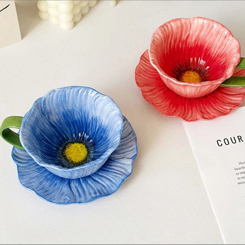 Creative Ceramic Coffee Mug Saucer Three-dimensional Flower Decoration Cup Delicate Latte Coffee Cup Home Breakfast Oatmeal Mug