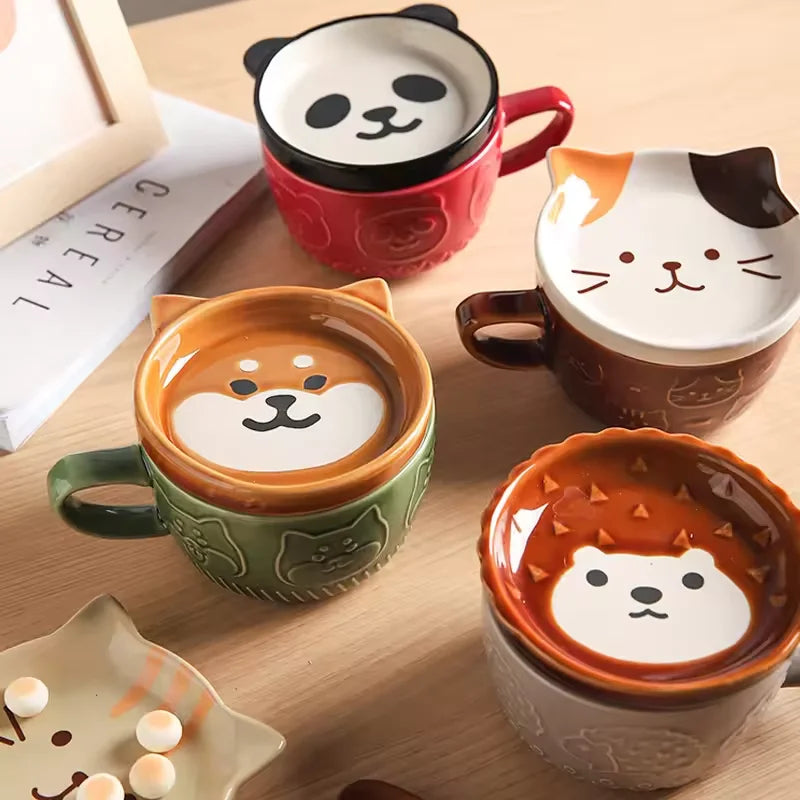 Cartoon Cat Ceramic Coffee Cups Mug Ceramics Japanese Cute Cat Milk Cup Kids Breakfast Oat Milk Mugs With Lid Creative Gift