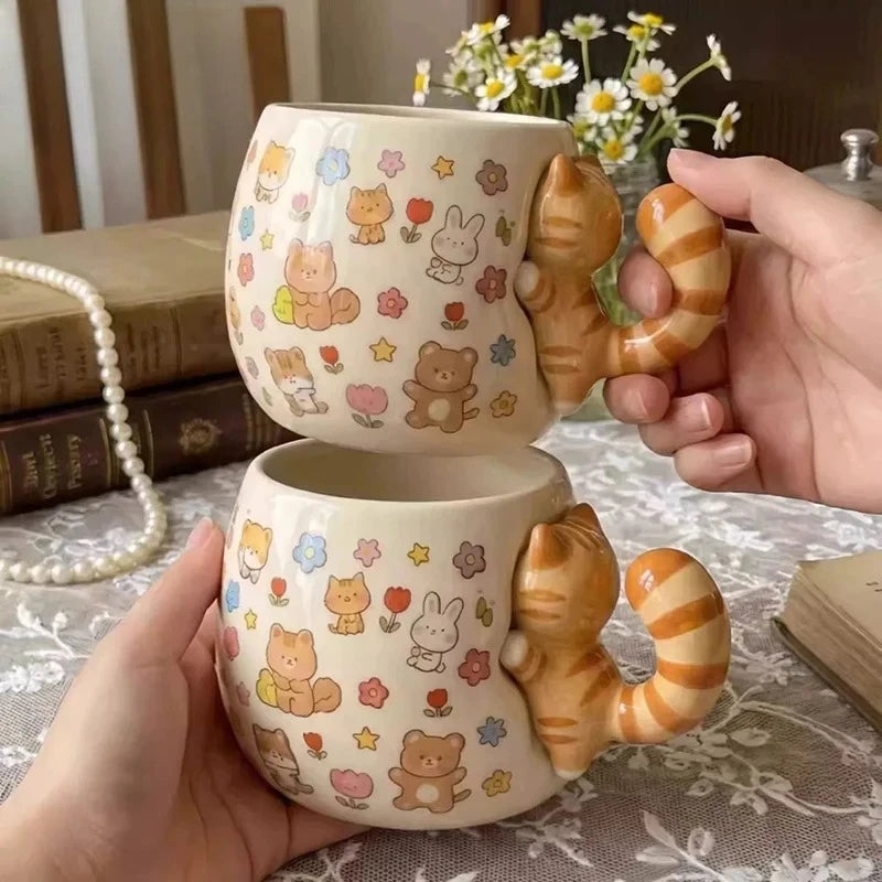 Cute Cat Ceramic Mug Creative Special Handle Design High Appearance Coffee Cup Home Decor Collection Gift For Friends