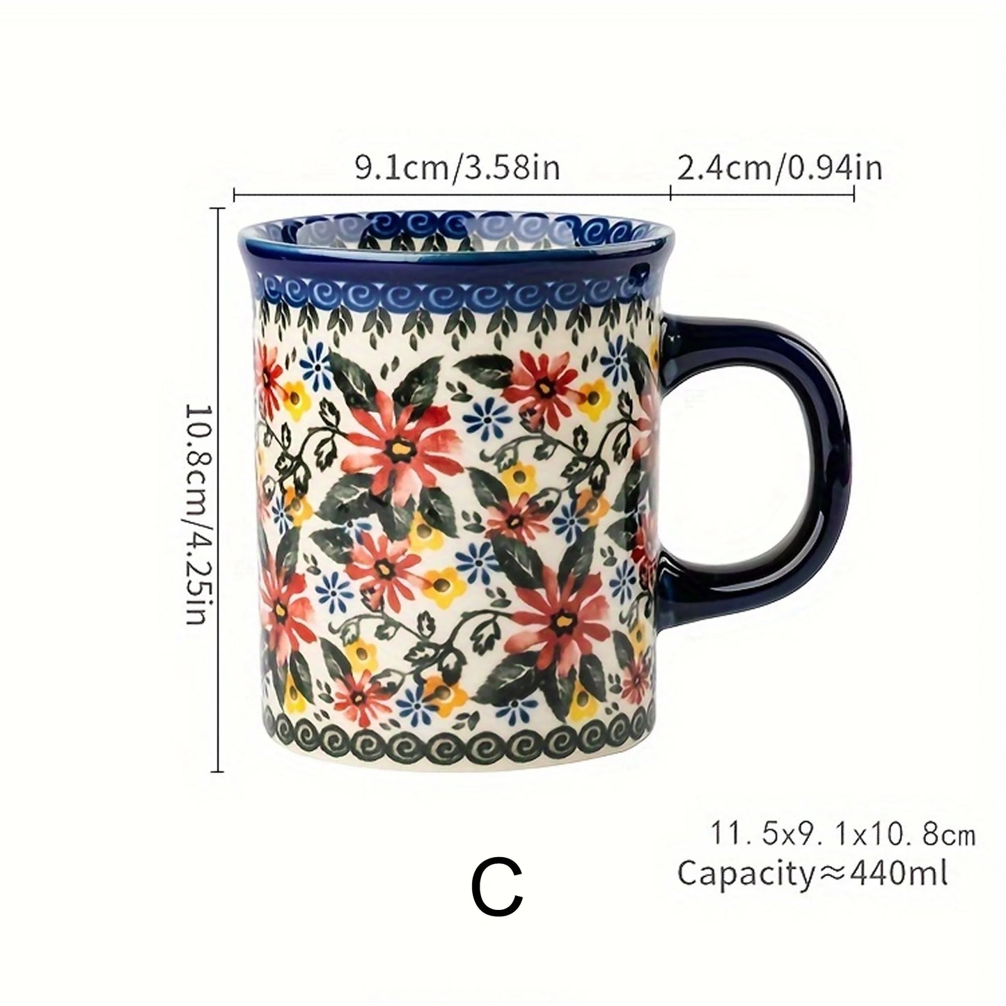 Bohemian Style Ceramic Mug, Hand-Painted Floral Pattern, Microwave Oven Compatible, Suitable for Coffee and Tea Consumption.